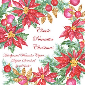 Aquarela clipart pintado à mão elementos de poinsétia de Natal buquês decorações de férias Cartões DIY papel digital etiquetas gráficas para impressão