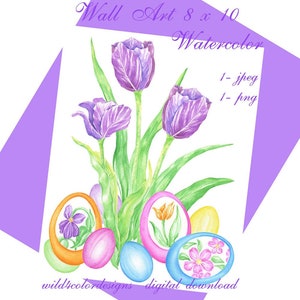 Ostern handbemalt Aquarell lila Tulpen Eier Kunst DIY digitaler Download druckbare Grafik Urlaub Wand Wand Kunst Grußkarten Dekorationen