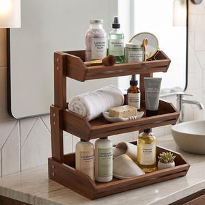 May include: A three-tiered wooden bathroom shelf unit filled with bath and beauty products. The shelves hold items like bath salts, toner, body scrub, a rolled towel, soap, shampoo, conditioner, and bath oil. A small succulent plant and slippers are also visible.