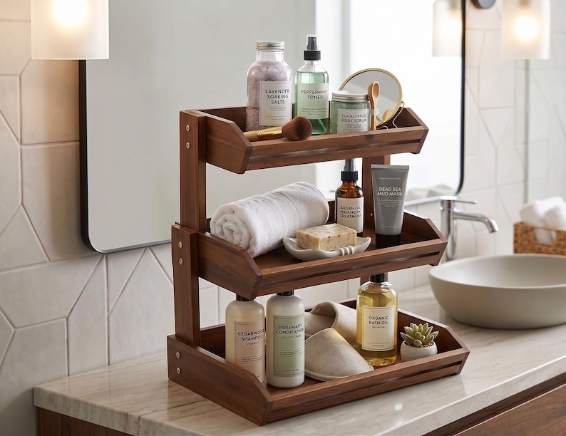 May include: A three-tiered wooden bathroom shelf unit filled with bath and beauty products. The shelves hold items like bath salts, toner, body scrub, a rolled towel, soap, shampoo, conditioner, and bath oil. A small succulent plant and slippers are also visible.