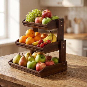 May include: A three-tiered wooden fruit stand filled with fresh produce. The top tier holds green grapes, red and green apples. The middle tier has oranges, bananas, and strawberries. The bottom tier displays pears and more apples. The stand is on a wooden table.