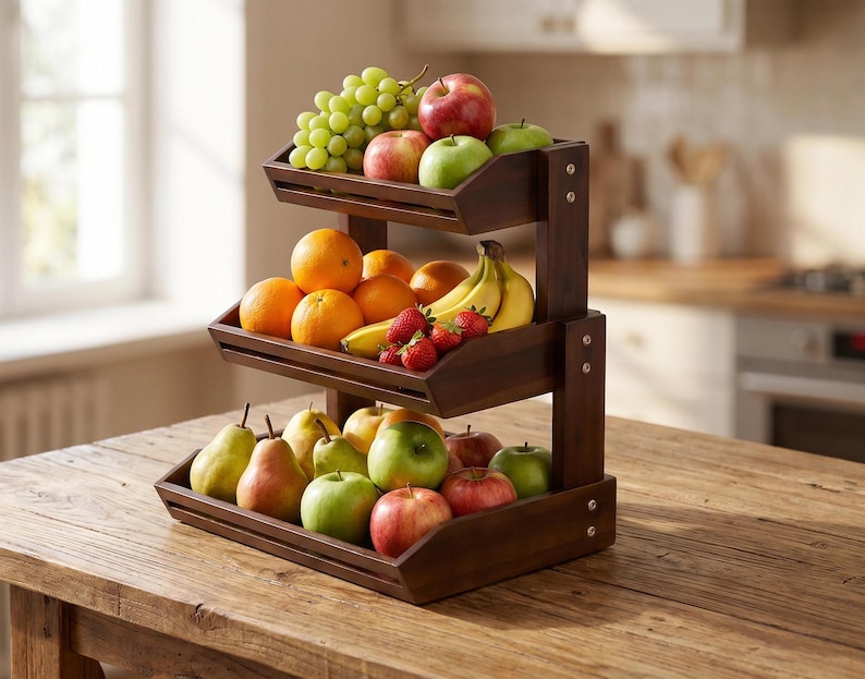May include: A three-tiered wooden fruit stand filled with fresh produce. The top tier holds green grapes, red and green apples. The middle tier has oranges, bananas, and strawberries. The bottom tier displays pears and more apples. The stand is on a wooden table.