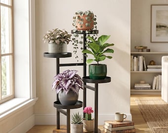 Wood Metal Plant Stand, 4 Tier Round Display Rack for Indoor Plants