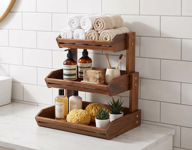 May include: A three-tiered wooden bathroom shelf unit. The top shelf holds rolled white and beige towels. The middle shelf has shampoo and conditioner bottles, soap, and toothbrushes. The bottom shelf displays body wash, lotion, a sponge, and small potted plants.