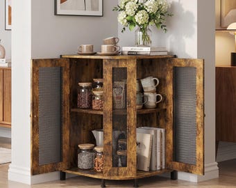Rustic Brown Coffee Bar Cabinet, Metal Wood Kitchen Storage
