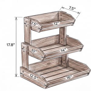 May include: A three-tiered wooden display shelf. The overall height is 17.8 inches. The top shelf is 12 inches wide, the middle shelf is 14 inches wide, and the bottom shelf is 16 inches wide. The depth of each shelf is 7.5 inches.