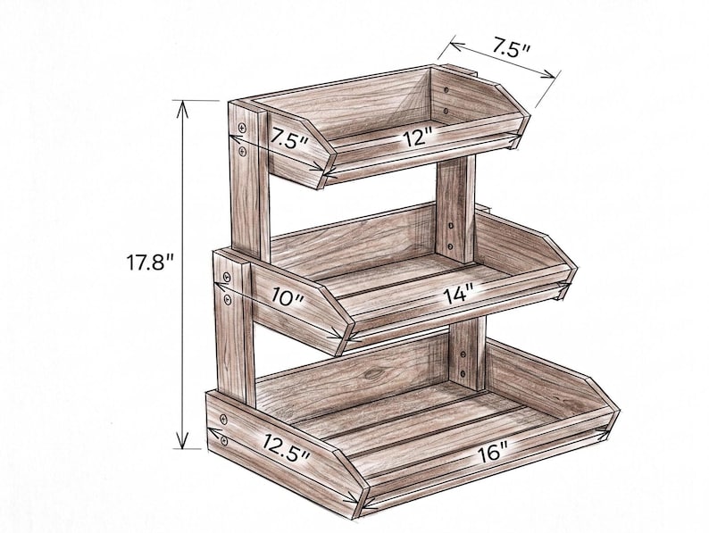 May include: A three-tiered wooden display shelf. The overall height is 17.8 inches. The top shelf is 12 inches wide, the middle shelf is 14 inches wide, and the bottom shelf is 16 inches wide. The depth of each shelf is 7.5 inches.