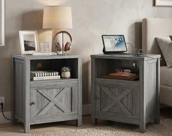 Rustic Farmhouse Nightstand with Integrated Charging Station, Barn-Door Storage Cabinet
