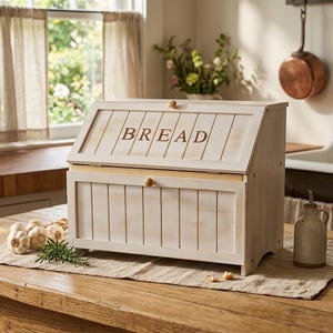 May include: A white wooden bread box with the word "BREAD" in brown lettering on the lid. The box is rectangular with a sloped top and a wooden knob. It sits on a wooden table with a linen placemat.