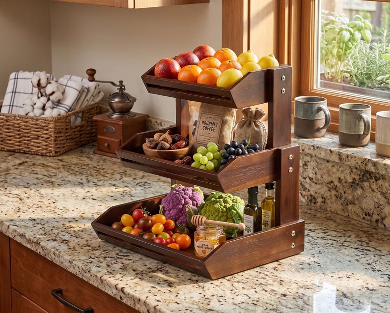 May include: A three-tiered, dark wood fruit and vegetable stand filled with fresh produce. The top tier holds apples, oranges, and lemons. The middle tier has figs, grapes, and a bag of coffee. The bottom tier displays tomatoes, cauliflower, and honey.