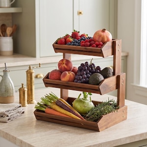 May include: A three-tiered wooden fruit and vegetable stand filled with fresh produce. The top tier holds strawberries, blueberries, raspberries, and a pomegranate. The middle tier has peaches, grapes, and avocados. The bottom tier displays carrots, kohlrabi, and rosemary.
