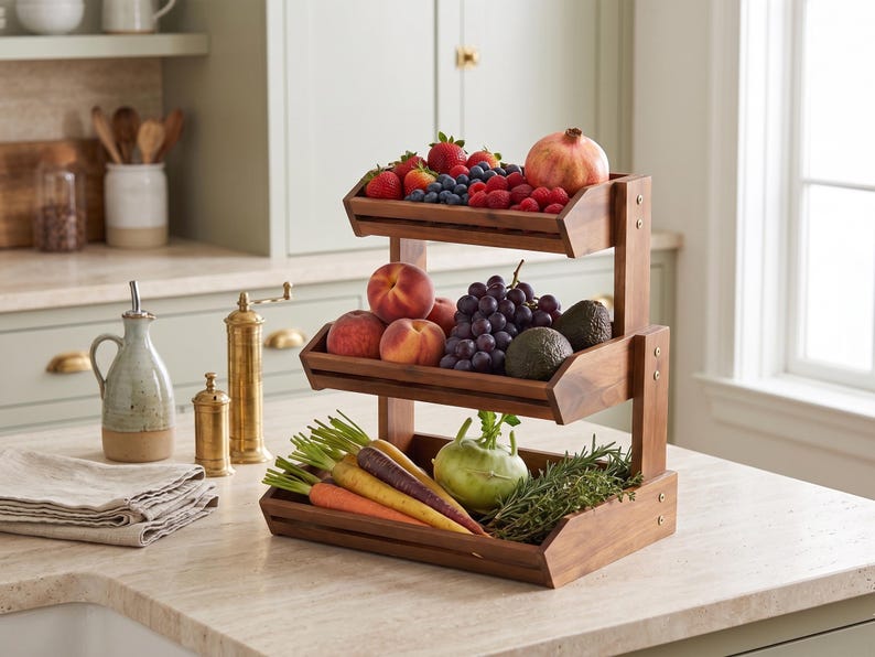 May include: A three-tiered wooden fruit and vegetable stand filled with fresh produce. The top tier holds strawberries, blueberries, raspberries, and a pomegranate. The middle tier has peaches, grapes, and avocados. The bottom tier displays carrots, kohlrabi, and rosemary.