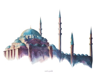 The magnificent Soliman Mosque in Istanbul - FineArt poster, squirt art print, home decor, illustration, decoration, architecture art