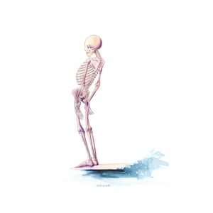 May include: A watercolor painting of a skeleton standing on a surfboard. The skeleton is facing to the right and has a pink hue. The surfboard is white and has a blue watercolor wash behind it. The artist's signature is in the bottom right corner.