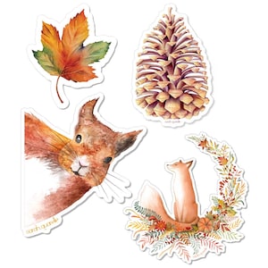 Stickers écureuil, pomme de pin, renard et feuille d'automne