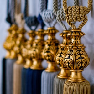 Gold Tassel Curtain Tie Backs: Hand-Cast Cotton Rope (Set of 2)