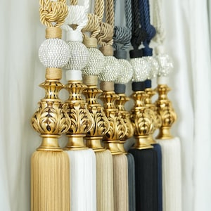 ZIBUYU Curtain Tiebacks for Drapes featuring White Sliding Beads | 6 Pcs 16.9 in Golden Set main image 0