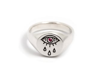 Evil Eye Teardrop Signet Ring in Sterling Silver, Signet Ring, Pinky Signet Ring, Silver Signet Ring, Silver Pinky Ring, Amulet