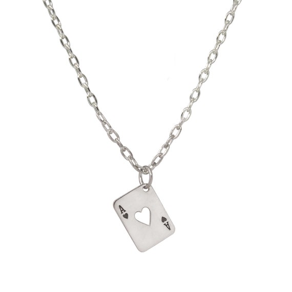 Ace Of Heart Necklace In Sterling Silver Playing Card Poker Pendant Love Heart necklace Devotion Valentines Gift Card Game Heart
