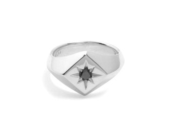 May include: A silver signet ring featuring a black gemstone set in a starburst design.