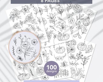 Printable Stick and Stitch Floral Embroidery Pattern, Hand Embroidery PDF, Floral Stick and Stitch Transfer, Embroidery PDF template