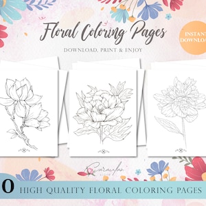 Flower Coloring Pages for Adults Printable, Adult Coloring Pages, Floral SIMPLE Coloring Book for adults, Digital Coloring at Home Activity