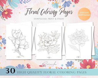 Flower Coloring Pages for Adults Printable, Adult Coloring Pages, Floral SIMPLE Coloring Book for adults, Digital Coloring at Home Activity
