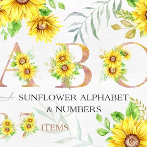Alfabeto de girasol de acuarela, alfabeto floral de acuarela, letras y números florales, letras de girasol, letras con girasoles PNG