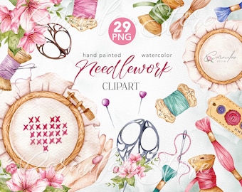Watercolor Needlework Clipart: Embroidery & Tailor Logo Design (PNG)