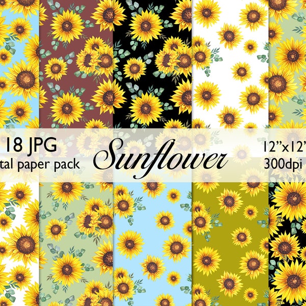 Watercolor Sunflower DIGITAL PAPER collection, JPG, Seamless Sunflower background, printable scrapbook papers, Sunflower on black pattern