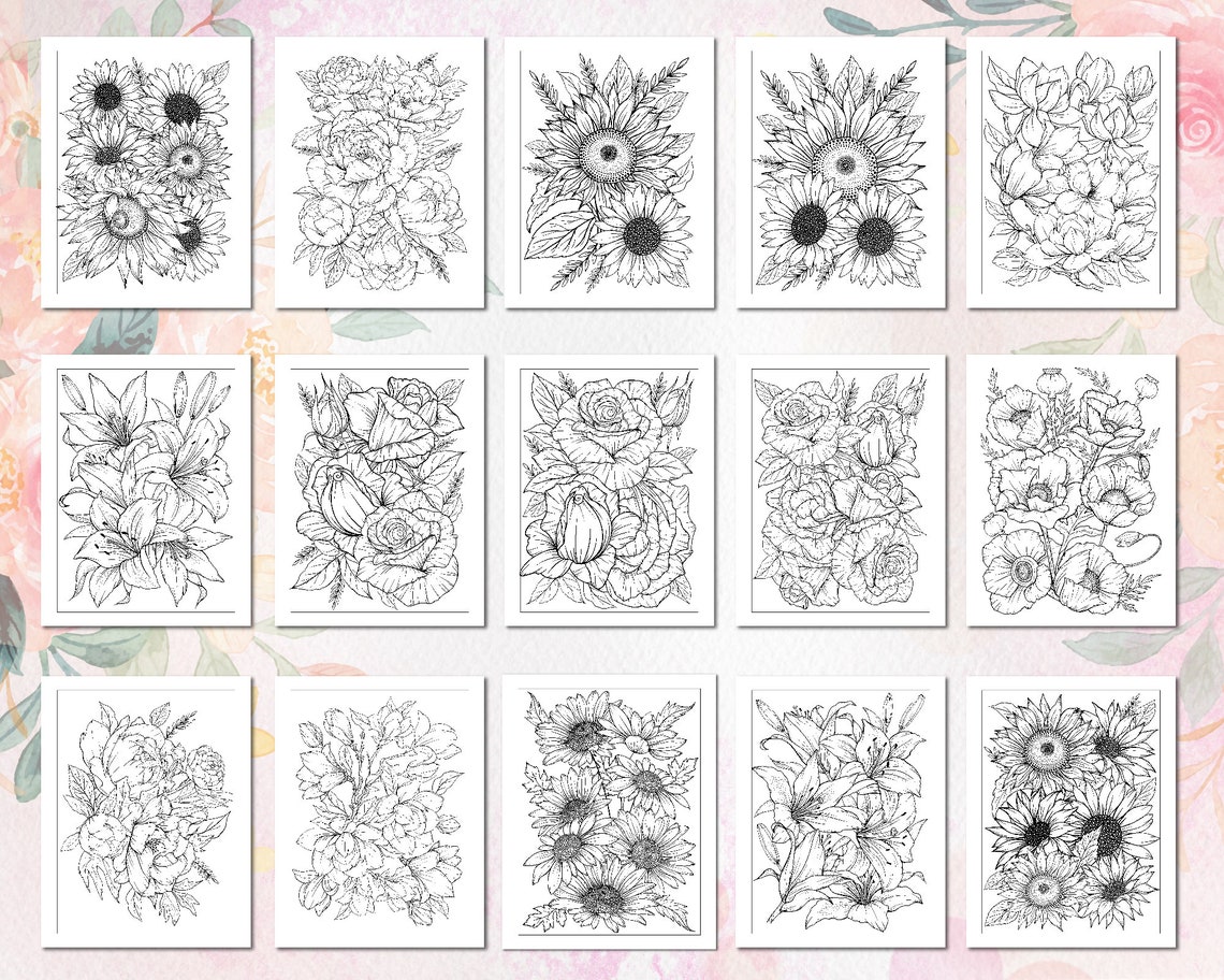 Flower Coloring Pages for Adults Printable Adult Coloring - Etsy