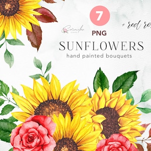 Sunflower clipart PNG, Sunflowers and roses, red roses png, sunflower bouquets, watercolor sunflowers ,sunflower wedding, summer floral png