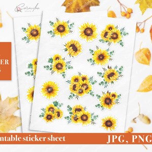 Watercolor Sunflowers Die Cut Stickers, Sunflower Sticker Sheets Printable, Sunflower Stickers, Sunflower Decals, Printable Planner Stickers