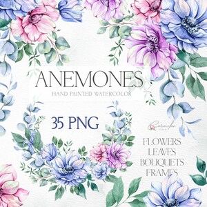 Anemone Clipart Watercolor, Watercolor Anemone Flower PNG, Floral Frames PNG, Floral Clipart PNG, Junk Journal Card Making, Paper Crafting