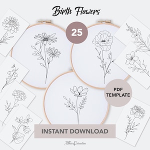 Birth Month Flower Stick and Stitch Embroidery Pattern, Hand Embroidery PDF, Floral Stick and Stitch Transfer, Embroidery PDF template