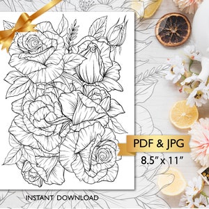 Flower Coloring Page for adults, Printable adult coloring page, Roses Coloring Page PDF, Coloring At Home, Meditative coloring, Digital PDF