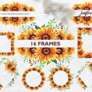 Sunflower Frames PNG, Watercolor Sunflower Wreath, Floral frame, Rustic frames, Floral Wedding, Wedding Invite DIY, Sunflower Sublimation