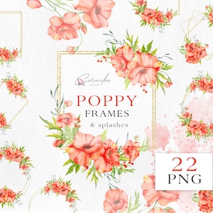 Cadres de coquelicot aquarelle, fleur de coquelicot PNG, bouquets de fleurs, arrangement de coquelicots, cadres de mariage floraux, impression de sublimation de cadres de coquelicot PNG