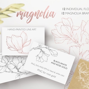 Magnolia Line Art svg, Line Art Flowers SVG, Floral bouquets, wedding clipart,  Floral Line Art PNG, Flower outlines, Botanical Elements SVG