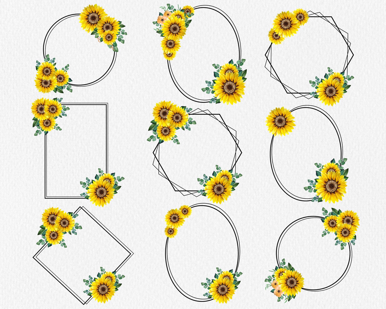 Geometric Sunflower Frames, Floral Frame PNG, Rustic Frames PNG, Floral