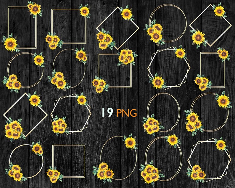 Geometric Sunflower Floral Frames Rustic frames clipart Yellow floral Sunflower digital frame PNG Floral Wedding frames Sunflower art
