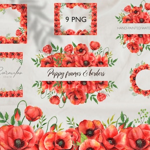 Aquarelle coquelicot cadre PNG clipart, cadre floral PNG, bordure de coquelicots, cadres de mariage floral, couronne de coquelicot png, impression par sublimation coquelicot PNG