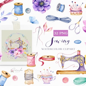 Sewing Clipart, Sewing Machine PNG, Handmade Clipart, Sewing Watercolor Clipart,  scissors PNG, thread, sewing kit png, sewing branding kit