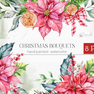Aquarela de buquês de Natal, buquês florais de inverno, flores de casamento de inverno PNG, aquarela de coleção de Natal, aquarela de poinsétia