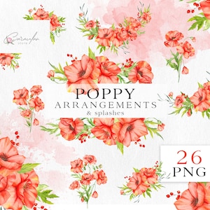 Bouquets de coquelicots aquarelle, fleur de coquelicot PNG, bouquets de fleurs, arrangement de coquelicots, mariage floral, impression de sublimation de bouquet de coquelicots PNG