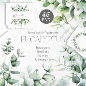 Watercolor Eucalyptus Clipart, Greenery clipart set, Eucalyptus Frame, Eucalyptus Border, Green Leaves Branch, Floral Wedding Invitation DIY