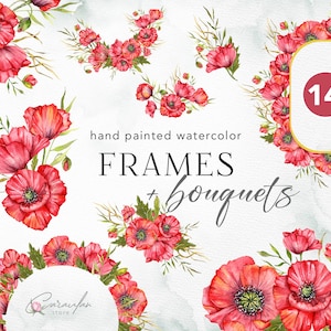 Coquelicot Clipart aquarelle, coquelicot PNG, coquelicot Bouquet aquarelle, fleurs sauvages cadre Clipart, faire-part de mariage Clipart, fleurs sauvages PNG Clipart