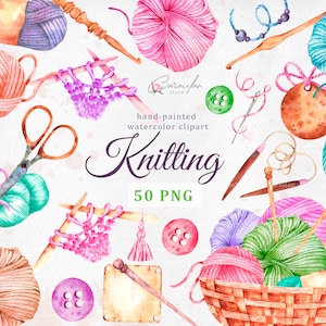 Watercolor Knitting Clipart, Crochet clipart PNG, Yarn PNG, Hand painted, Crochet, Handmade essentials, Knitting png, Handmade DIY clipart