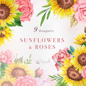 Sunflower and Roses Watercolor Clipart, Sunflower Weddign Invitation Clipart, Sunflower and Rose Flower Bouquets PNG, Fall Flower Bouquets
