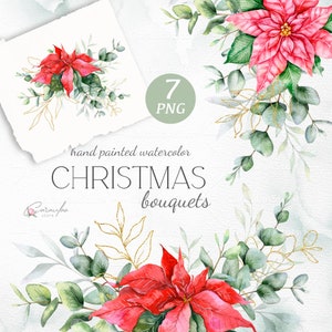 Buquês de Natal, eucalipto em aquarela, clipart de Natal, poinsétia em aquarela, vegetação de Natal, clipart floral de Natal PNG